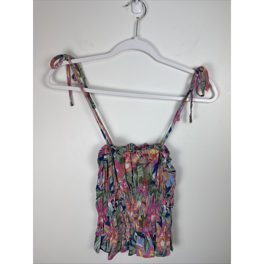 Takara Smocked Fitted Camisole Boho Peplum Pink Green Tropical Floral Tank Top M